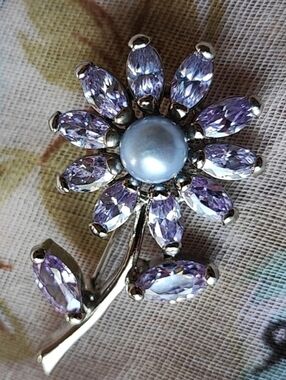 Amethyst Cubic Zirconia Lavender Purple Faux Light Blue Pearl Pin Brooch NEW